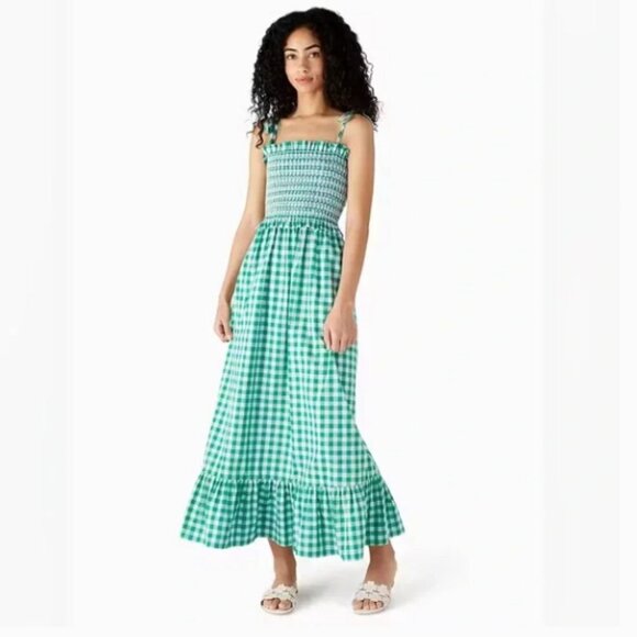 Kate spade Green & White Gingham Smocked-bodice Dress size LG - POCKETS!! - Picture 1 of 11